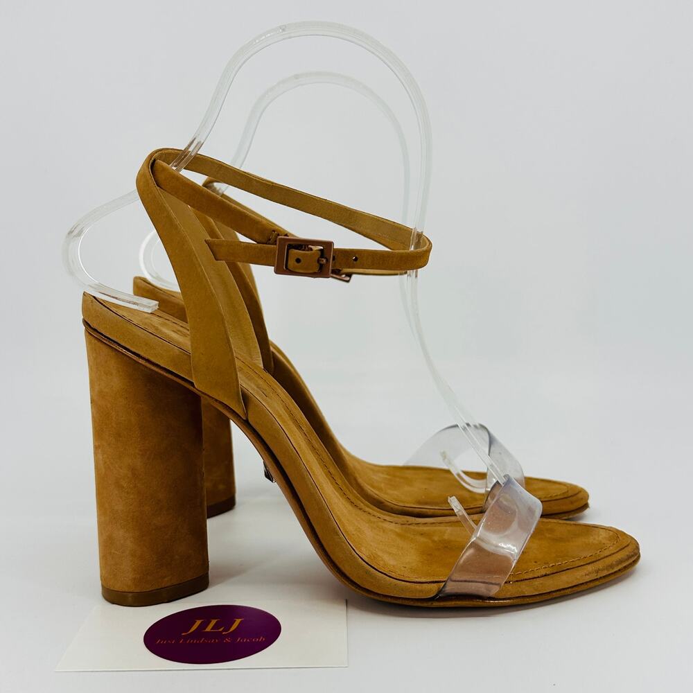 Schutz Women's Geisy Toasted Nut Suede Illusion Ankle Strap Block Heels Size 7.5